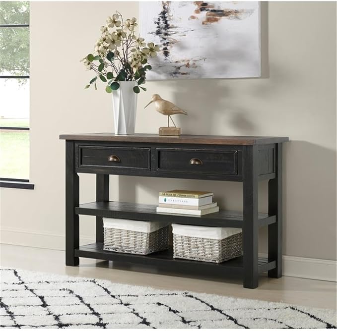 Martin Svensson Home Solid Wood Sofa Console Table, Black with Brown Top