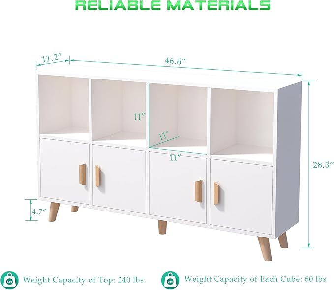 Cubby Shelf Bookcase with Doors - Wooden 8 Cube Floor Standing Open Bookshelf with Solid Wood Legs, 2-Tier Low Storage Cabinet, Warm White