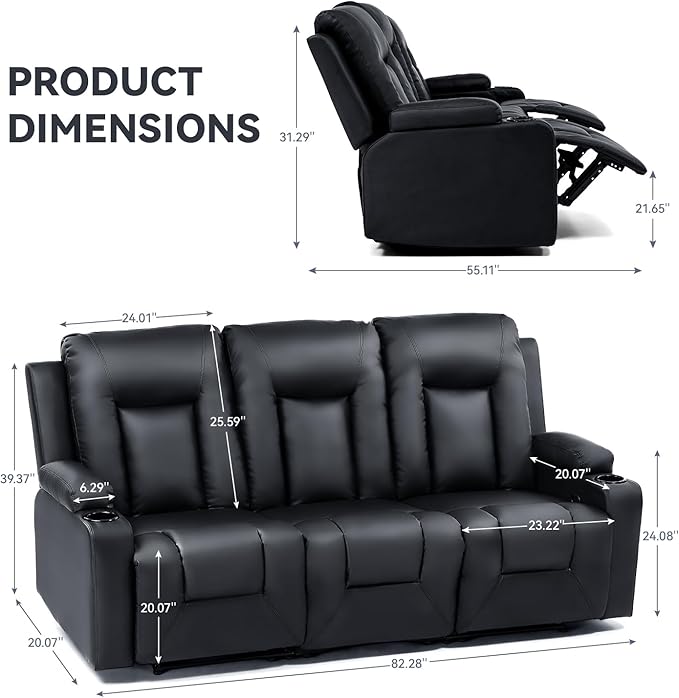 COMHOMA Living Room Furniture Set,Bonded Leather Loveseat Sofa with Cup Holder Recliner Chair,3+2,Black