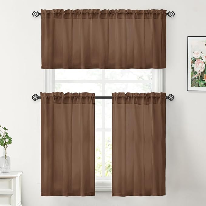 HOMEIDEAS Non-See-Through Brown Privacy Sheer Kitchen Curtains, 30 X 36 Inches - Image 2