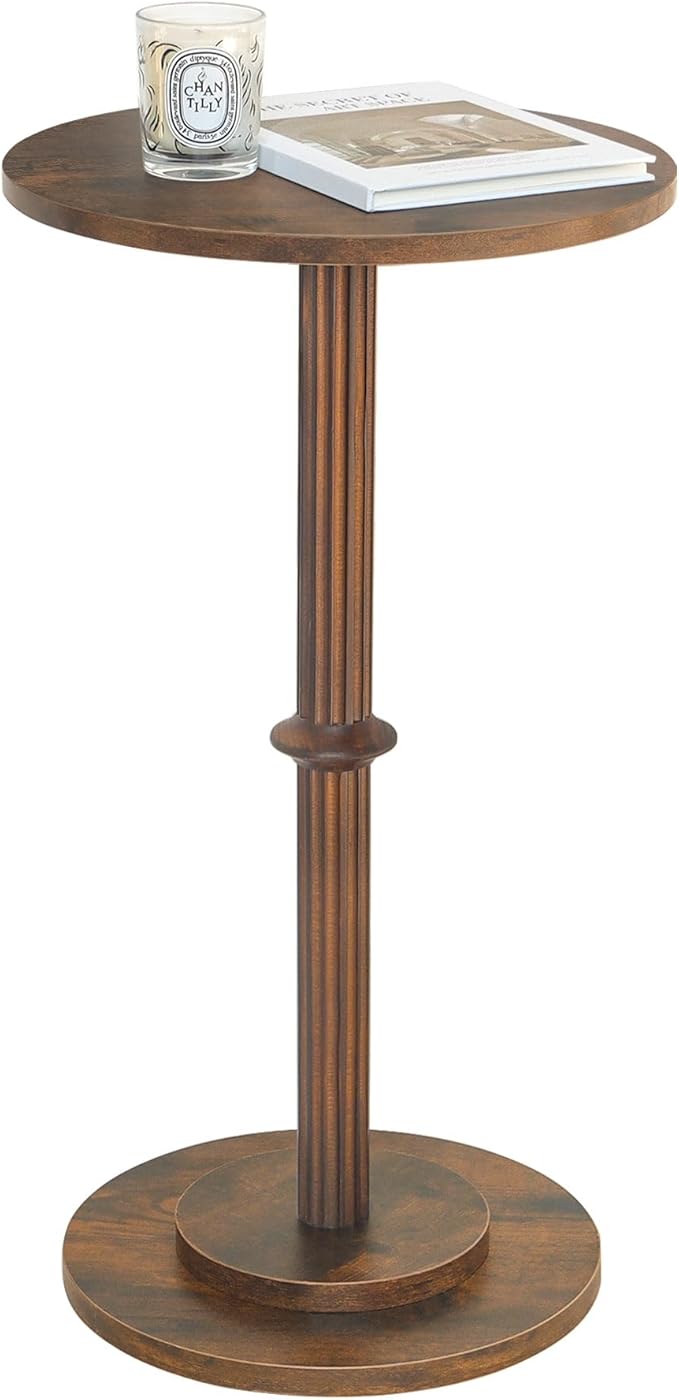 MaxSmeo Drink Table, Small Side Table for Small Spaces, Modern Round End Table with Fluted Wood Leg, Rustic Brown