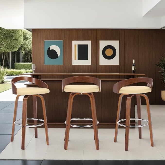 Armen Living Sonia 30" Bar Height Swivel Cream Faux Leather and Walnut Wood Bar Stool - Set of 4