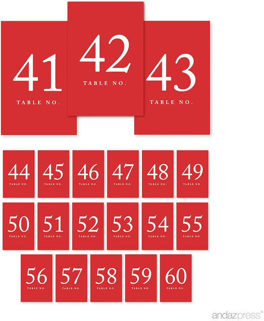 Andaz Press Red Wedding Table Numbers 41-60, 4x6-Inches Table Number Cards For Wedding Reception, Table Number For Seating Chart For Wedding Reception, Restaurant, Classroom, Boda