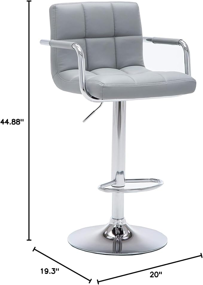 AC Pacific Contemporary Adjustable Swivel Kitchen Bar Stool Chair with Cushion and Armrest, 24"-33", Pewter Gray