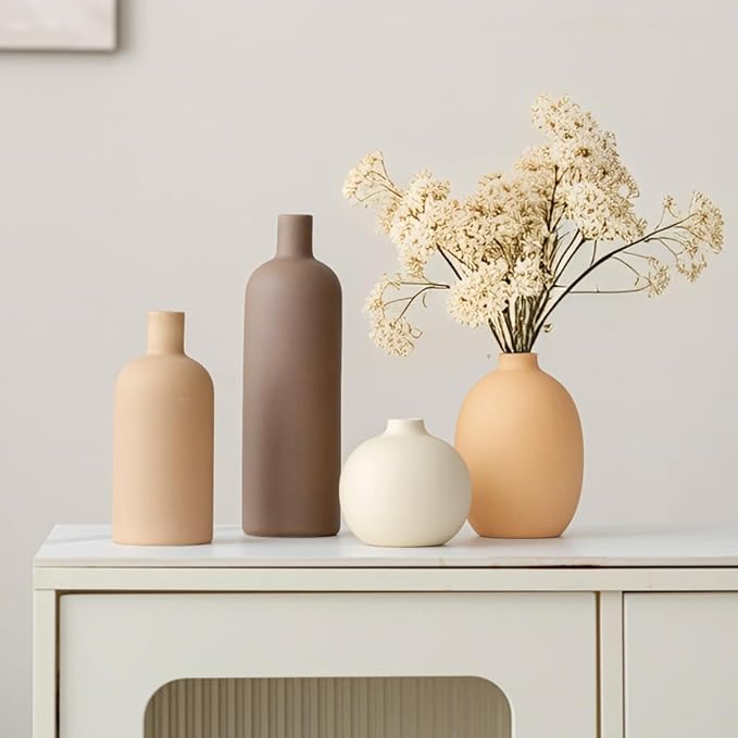 Modern Ceramic Vase Set, Neutral Colors, Decorative Vases for Home Shelf Decor, 4 Piece Collection (Coffee Mix Set 4)