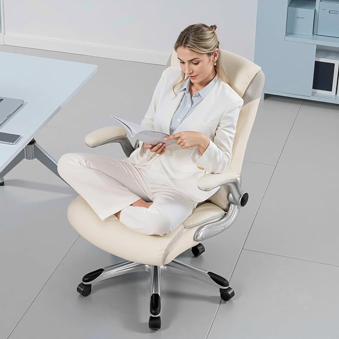 COMHOMA Big and Tall Office Chair, High Back Leather Executive Chair with Pocket Spring Lumbar Support and Flip-up Armrests, Swivel Managerial Office Chair with Adjustable Height， Beige