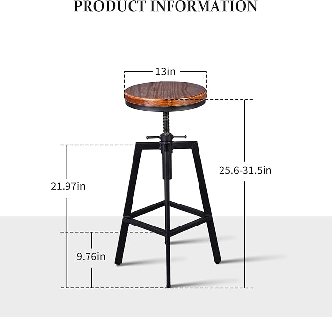 Set of 2 Vintage Bar Stools 25.6-31.5inch Height Adjustable Farmhouse Dinning Stool Swivel Wooden Seat Kitchen Island Counter Chair