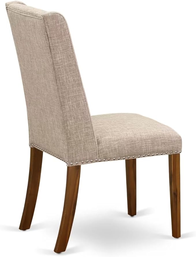 NKFL7-AWA-04-7-Piece Dining Table Set Consists of a Breakfast Table and 6 Light Tan Linen Fabric Dining Chairs with Padded Chair Back - Antique Walnut Finish.