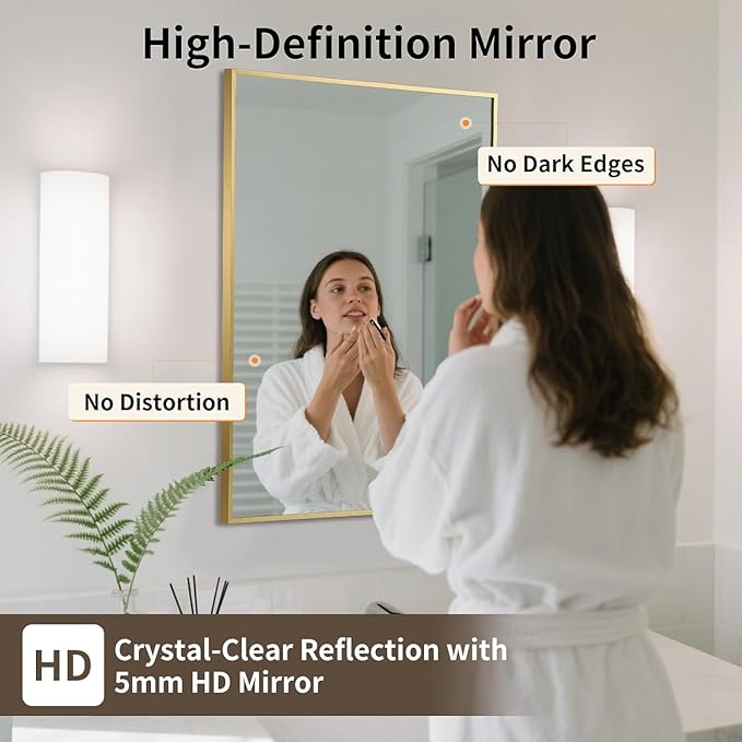 Brushed Gold Mirror, 22x30 Inch Aluminum Framed Rectangle Mirror, Anti-Rust, Tempered Glass, Square Corner Wall Mirror for Over Sink, Vanity, Bedroom, Entryway, Horizontal/Vertical