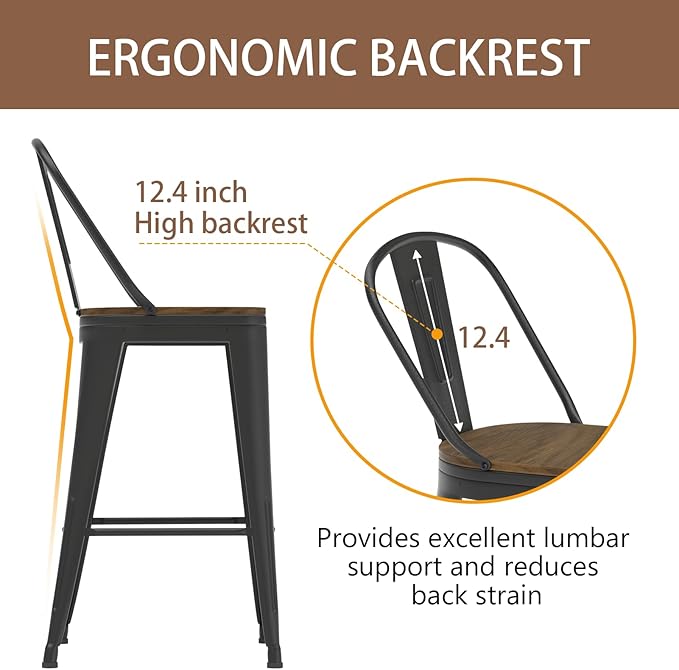30” Swivel Bar Stools Set of 4, Counter Height Bar Stools Wooden Seat, Metal Industrial Bar Chairs with High Back for Kitchen Island (Black)