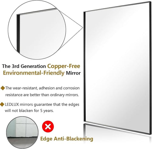 28x28 Inch Black Bathroom Mirror, Copper-Free Aluminum Alloy Frame Vanity Mirror, Rectangle Wall Mounted Modern Mirror for Bedroom/Living Room/Porch Horizontal or Vertical