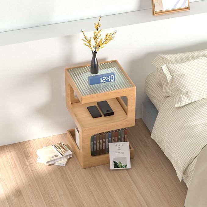 HOMEMORE Solid Wood Side Table Modern end Table Modern Nightstand No Assembly Required Accent Table for Living Room,Bedroom Log Color