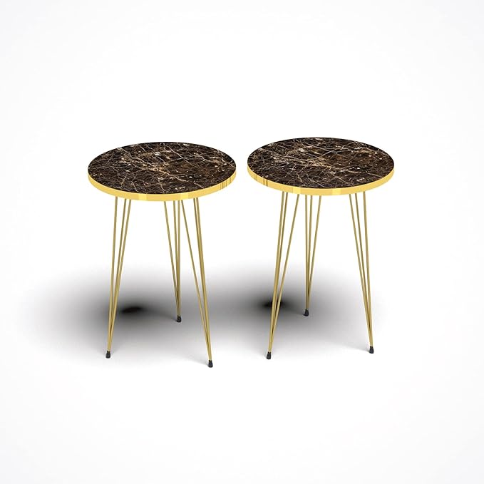 PAK HOME Set of 2 High Gloss Brown Marble Look End Tables Round Wood Sofa Side Coffee Tables for Small Spaces, Nightstand Bedside Table for Bedroom, Living Room, Office