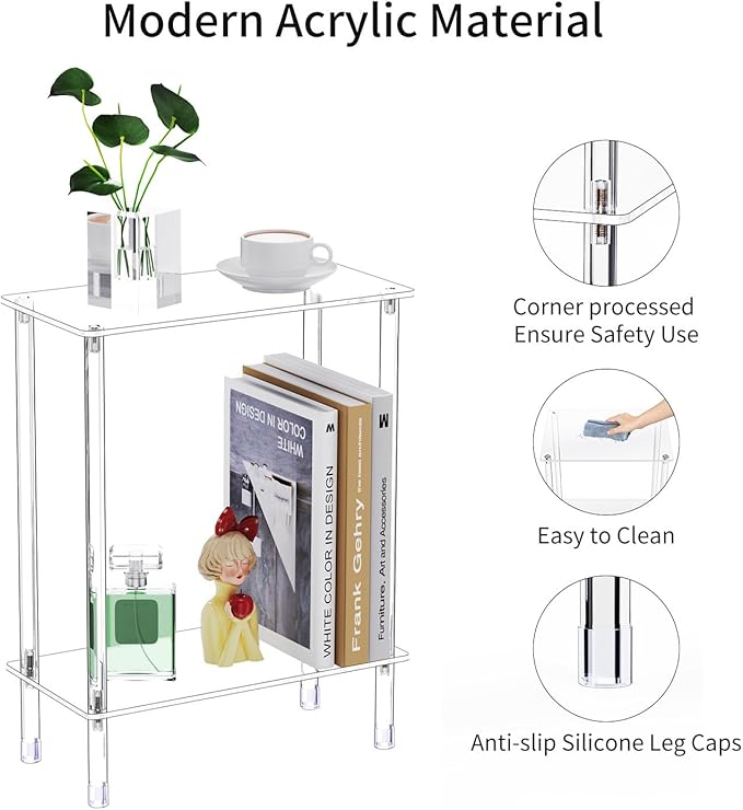 Clear Acrylic Narrow Side Table Set of 2 for Small Spaces, 15.75" L x 7.87" W x 19.82" H, 2 Tier Rectangle Slim End Table Nightstand, Small Bedside Table for Bedroom, Bathroom, Living Room
