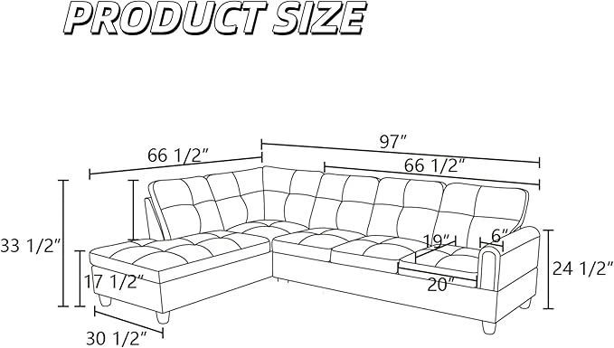 L Shaped Couch Sectional Couches with Chaise, Fluffy Fabric 3 Pieces Modular Convertible Sofa for Living Room Furniture Sets and Small Apartment, Dark Gre