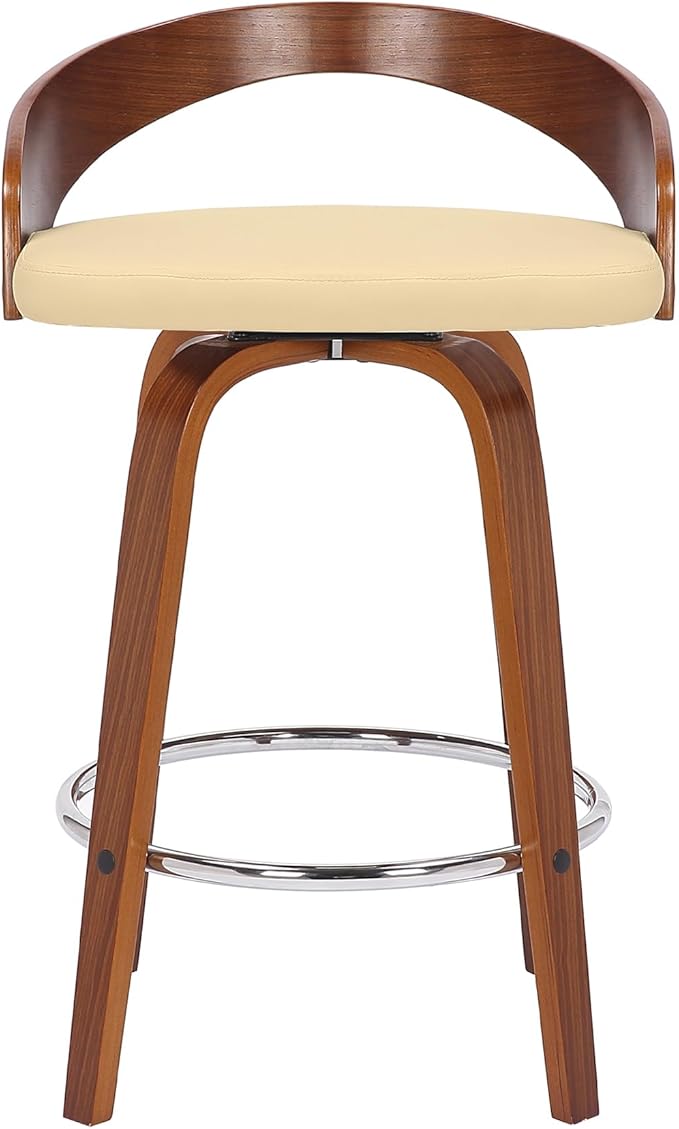 Armen Living Sonia 26" Counter Height Swivel Cream Faux Leather and Walnut Wood Bar Stool