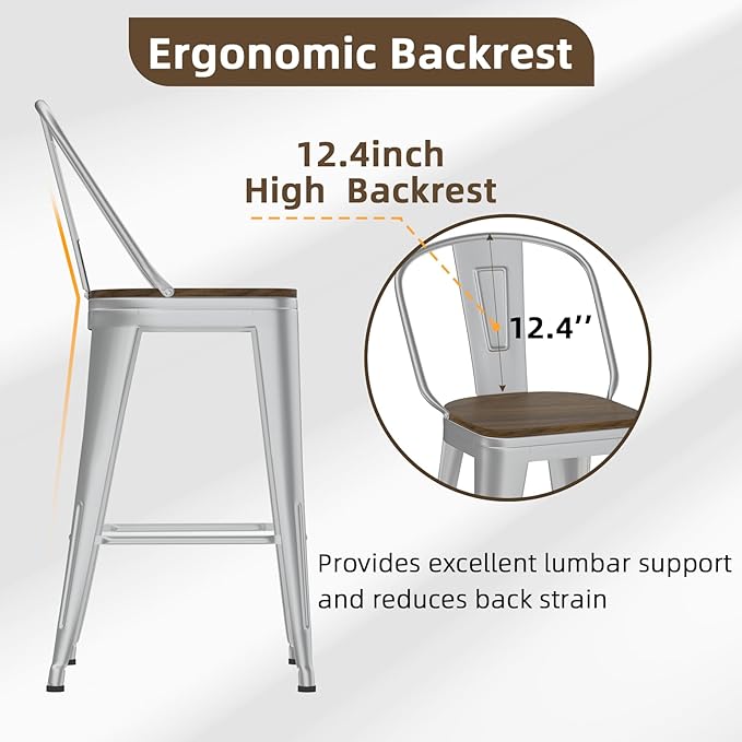 26” Swivel Bar Stools Set of 4, Counter Height Bar Stools Wooden Seat, Metal Industrial Bar Chairs with High Back for Kitchen Island (Silver)