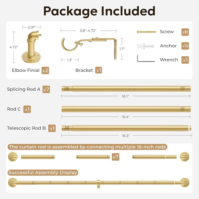 Zeerobee Curtain Rods for Windows 72 to 144, 1 Inch Industrial Wrap Around Gold - Image 7