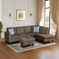 Brown L-Shaped 3-Piece Corduroy Sofa with Storage Ottoman Set, Sectional Couch Sofa Set for Living Room, Office, Small Space
