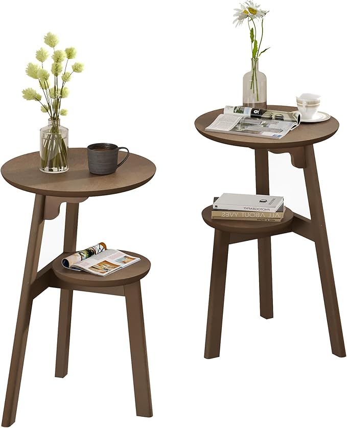 ChooChoo Round End Table Set of 2, Narrow Side Table for Small Spaces, Accent Table Night Stand with 2 Tier Shelf for Bedroom and Living Room, Walnut