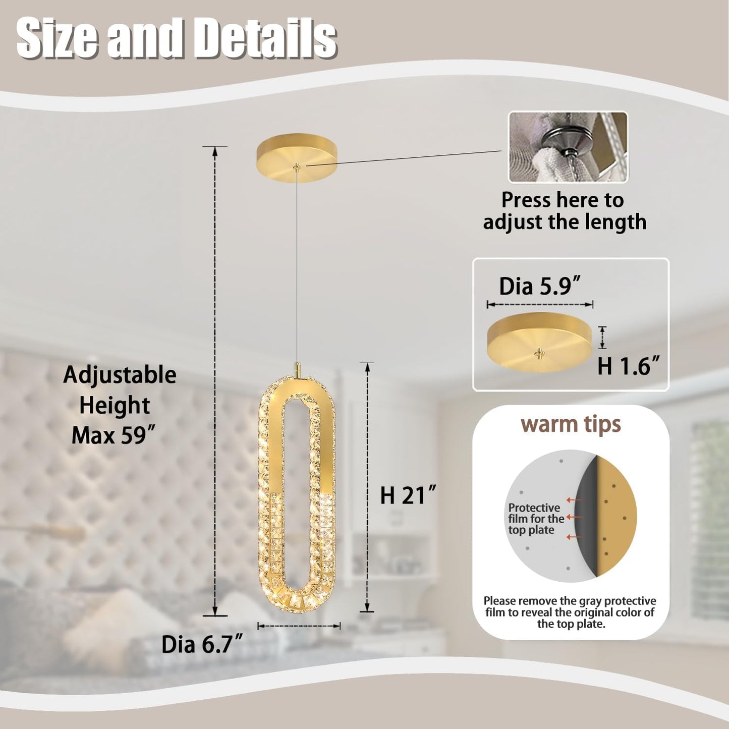 1-Ring Chandelier Gold Modern Pendant Lighting LED Dimmable Hanging Crystal Chandelier for Kitchen Island Foyer Lobby Living Room Staircaes