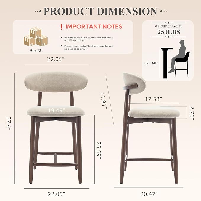 COLAMY Counter Height Bar Stools Set of 3, Kitchen Bar Stools with Back, Mid Century Modern Upholstered, with Wood Legs for Kitchen Island Dining Room, Beige