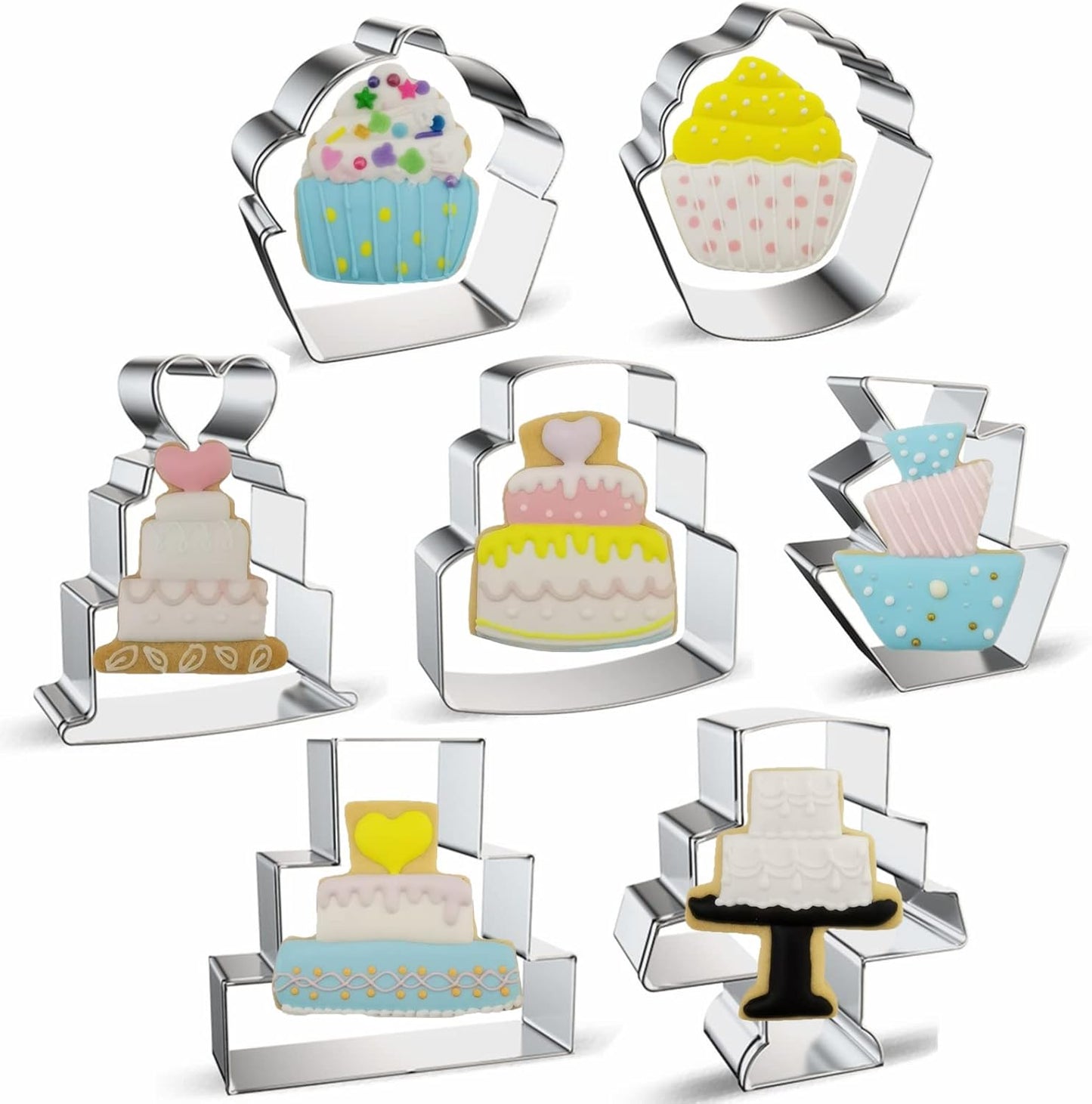 Cake Shaped Cookie Cutters Set of 7 pcs, Stainless Steel Cupcake/Birthday Cake/Wedding Cake Series Fondant Cutter Molds Baking DIY