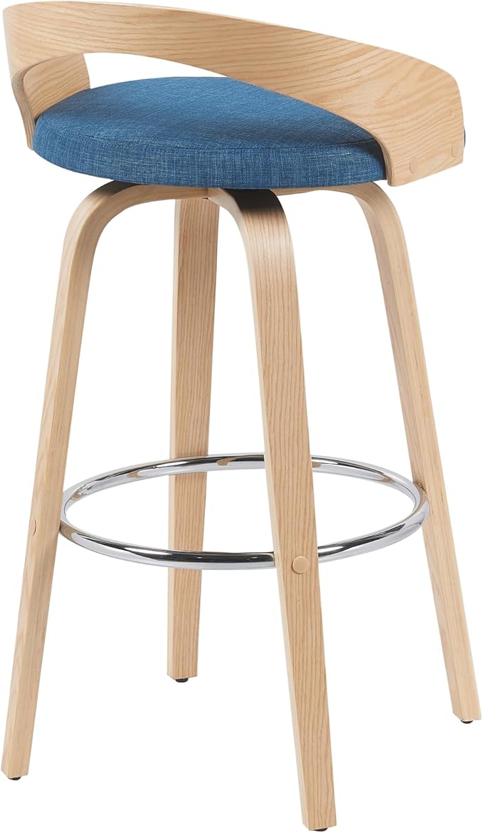 Sonia Modern Swivel Bar Height Stool with Blue Upholstered Seat and Patterned Oak Wood Finish Set of 3
