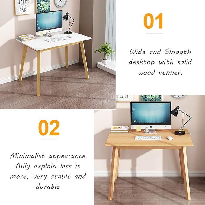 IOTXY Simple Wooden Writing Desk - Modern Minimalist Style PC Laptop Computer Workbench with Solid Wood Legs, 47" W Home Office Work Table for TV Stand Music Video Live Broadcast Workstation, Oak