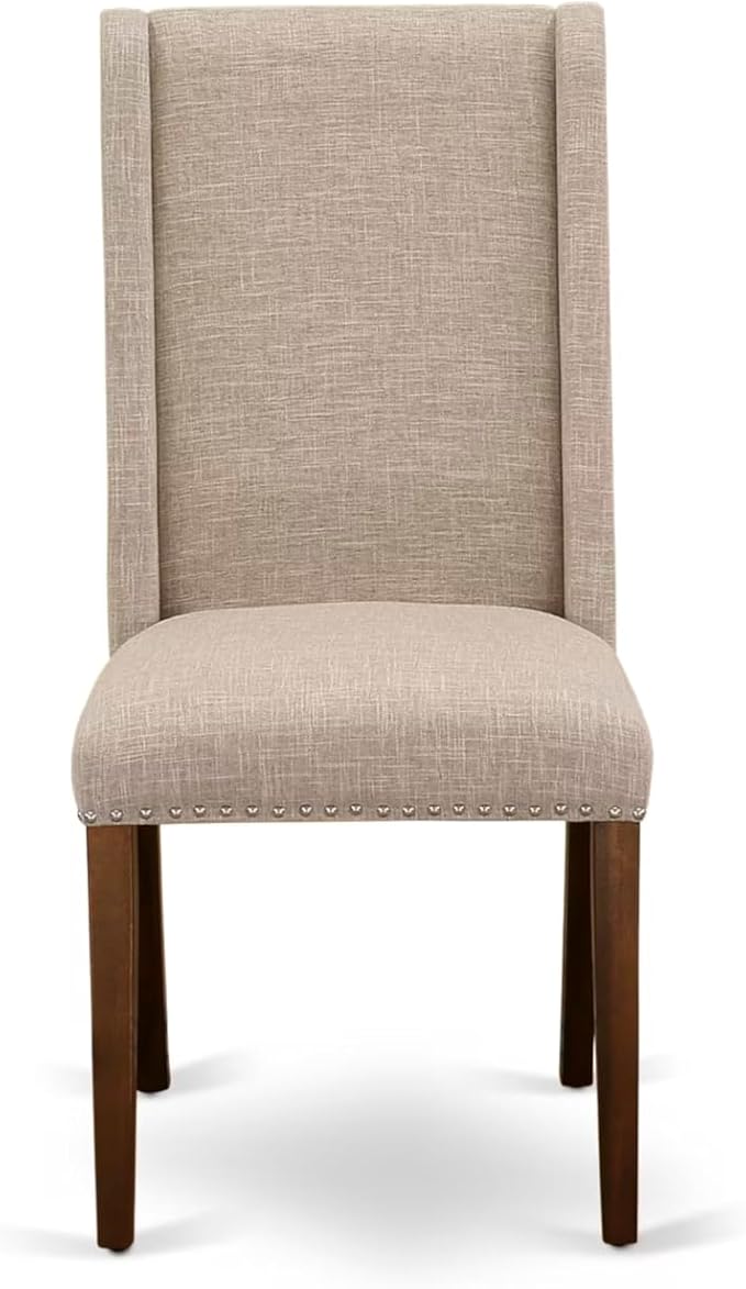 NEFL5-AWA-04-5-Piece Dining Room Set Consists of a Wooden Table and 4 Light Tan Linen Fabric upholstered Chairs with Padded Chair Back - Antique Walnut Finish.