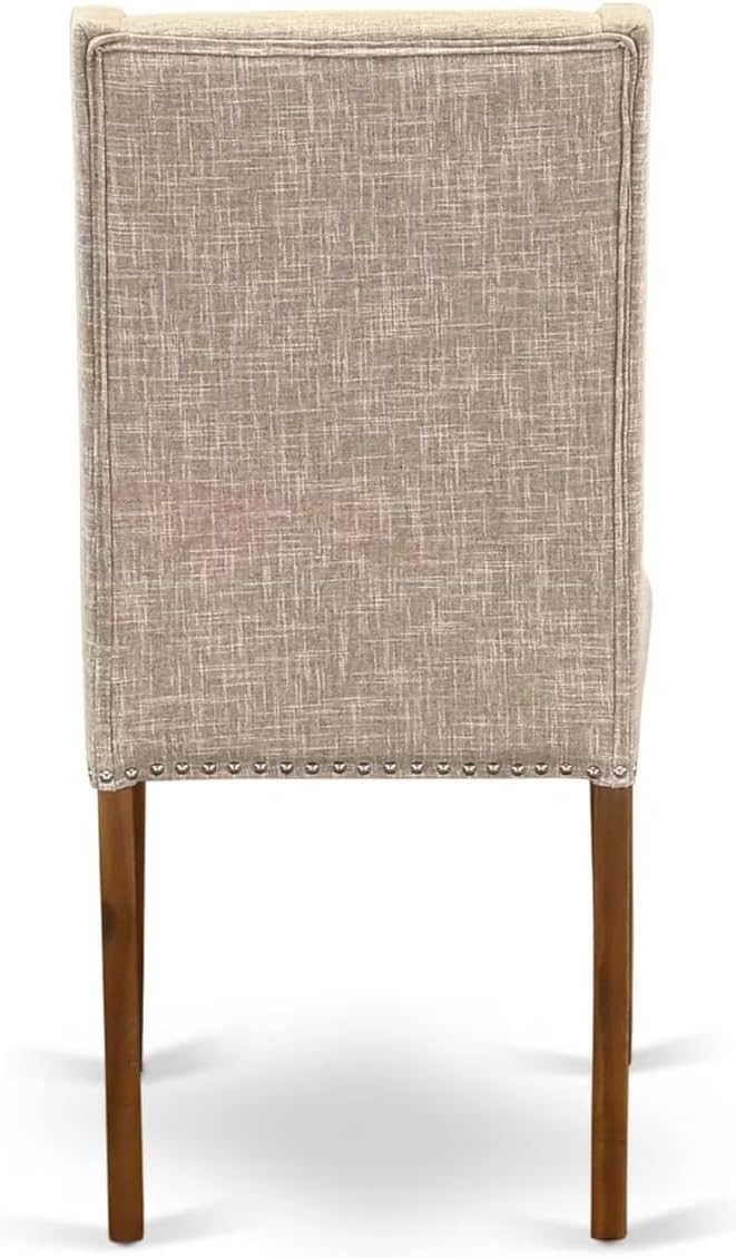 NEFL5-AWA-04-5-Piece Dining Room Set Consists of a Wooden Table and 4 Light Tan Linen Fabric upholstered Chairs with Padded Chair Back - Antique Walnut Finish.