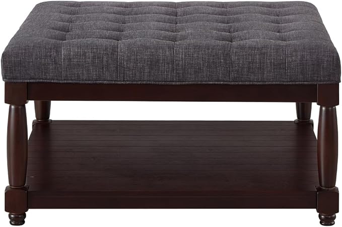 24KF Upholstered Square Coffee Table with Wooden Shelf, Tufted Button Large Square Ottoman with Spindle Wooden Legs, Linen Large Footrest Ottoman Pouf for Living Room, Dark Gray