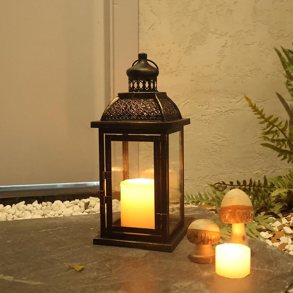 NEEDOMO Large Candle Lanterns Decorative Indoor, 14.4" Outdoor Lantern with Clear Glass, Vintage Metal Candle Holders in Black, Patio Wedding Home Kitchen Coffee Table Livinig Room Decor