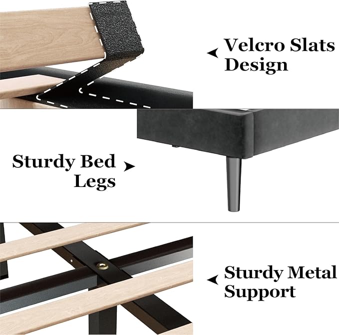 Queen Size Bed Frame with Velvet Upholstered Headboard, Platform Bed with Strong Wood Slats, Mattress Foundation, Box Spring Optional, Easy Assembly, Black