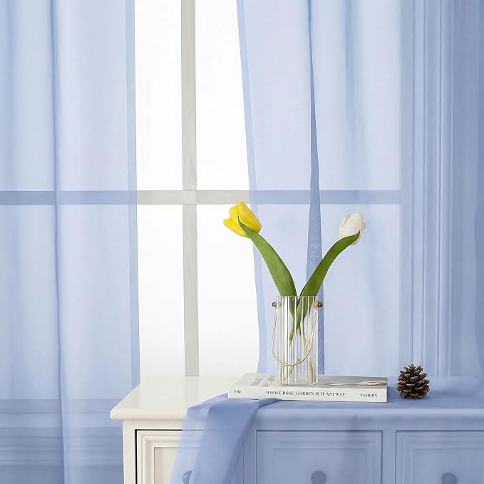 Lecloud Denim Blue Sheer Curtains 63 Inch Length 2 Panels, Light Filtering - Image 2