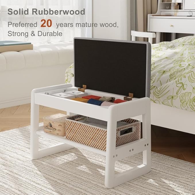 Small Shoe Bench with Cushion,2 Tiers Shoe Rack Bench with Flip-Top Storage,Wood Shoe Rack for Entryway（White,23.62"）