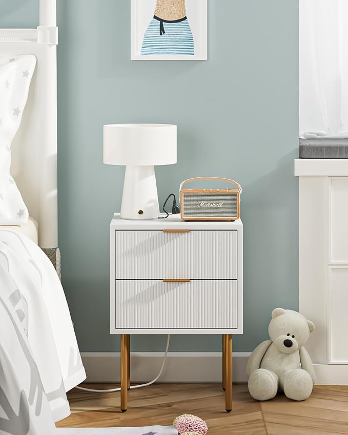 Nightstand,Small Bedside Table with Gold Frame,Morden Night Stand with 2 Drawer,End Table,Side Table with Drawer and Shelf for Bedroom,Living Room (White-2Drawer-Outlet)