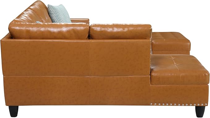 Ball & Cast 98" L Shaped Sectional Couch for Living Room with Chaise&Storage Ottoman,4 Seat Faux Leather Upholstered Modular Sectional Sofa Set 3 PCS W/Cup Holders&Coffee Table,for Home,Office,Ginger