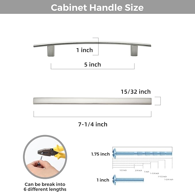30 Pack Cabinet Handles 5" Hole Center - Curved Cabinet Pulls Brushed Nickel Drawer Pulls for Kitchen Cupboard Solid Hardware for Dresser Drawer Arch Hardware