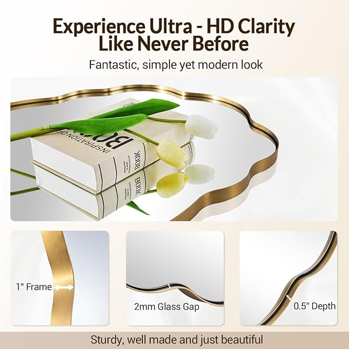 ANDY STAR Oval Bathroom Mirror, 30x40 Inch Scalloped Wall Mirror, Modern Brushed Gold Wavy Mirror, Anti-Rust Brass Metal Mirror for Bathroom Hang Vertical or Horizontal