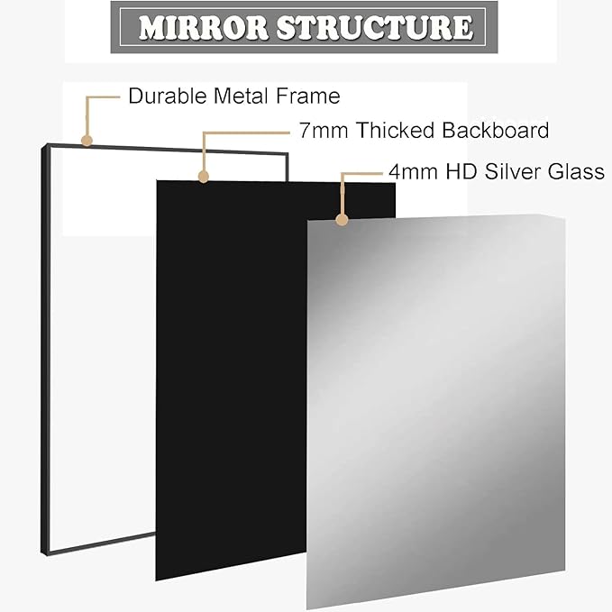 Modern 26"L x 40"W Black Wall Mounted Mirror, Rectangular, Framed, Thickened Stainless Steel Frame, Bathroom Use, Grooming, Home Decor