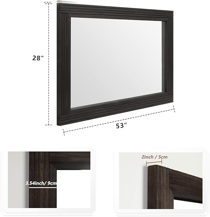 YOSHOOT Hand-Made Wooden Spliced Wall Mirror for Bathroom, Rustic Farmhouse Vanity Mirror, Décor Wall Art, Solid Wood Frame, Vertical or Horizontal Hanging, 53" x 28", Black