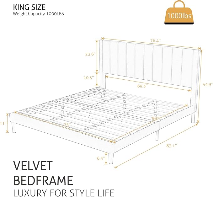 SHA CERLIN King Bed Frame/Velvet Upholstered Platform Bed Frame with Headboard/Strong Wood Slats Support/Mattress Foundation/No Box Spring Needed - Dark Blue