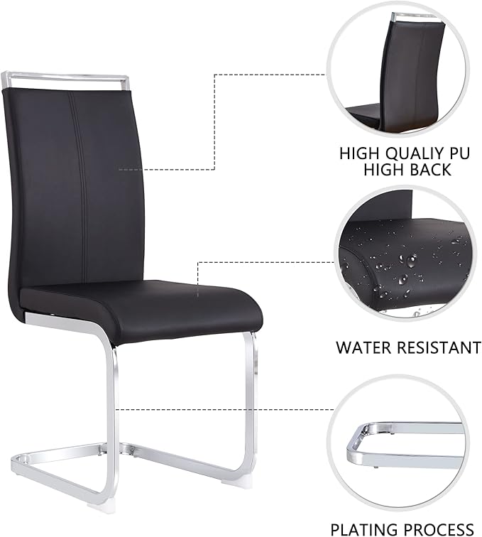 Dining Chairs Set, Kitchen Modern Metal Chairs with Faux Leather Padded Seat High Back and Sturdy Chrome Legs, Chairs for Dining Room (Black, Set of 6)