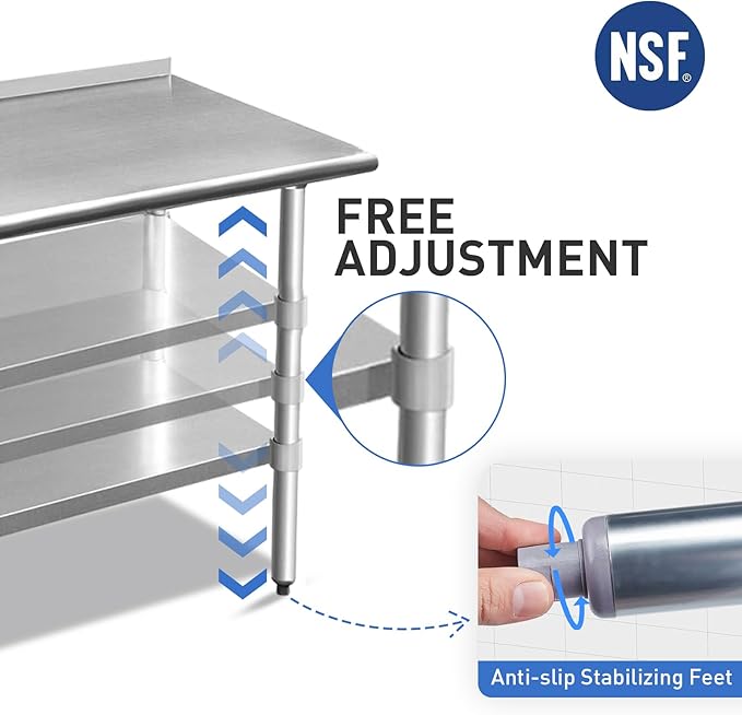 ROCKPOINT Stainless Steel Table for Prep & Work with Backsplash 18x36 Inches, NSF Metal Commercial Kitchen Heavy Duty Table with Adjustable Under Shelf and Table Foot for Restaurant, Home and Hotel