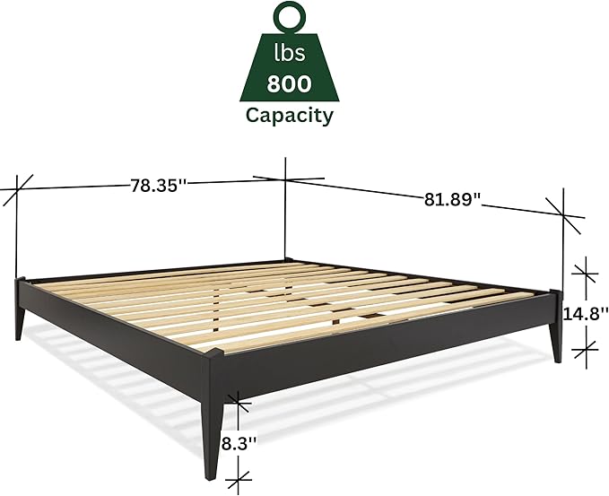 Bme Dinkee King Platform Bed Frame Wood 15 Inch - Solid Wood Bed Frame - Modern & Minimalist Style - 12 Strong Wood Slat Support - Easy Assembly - No Box Spring Needed - Black