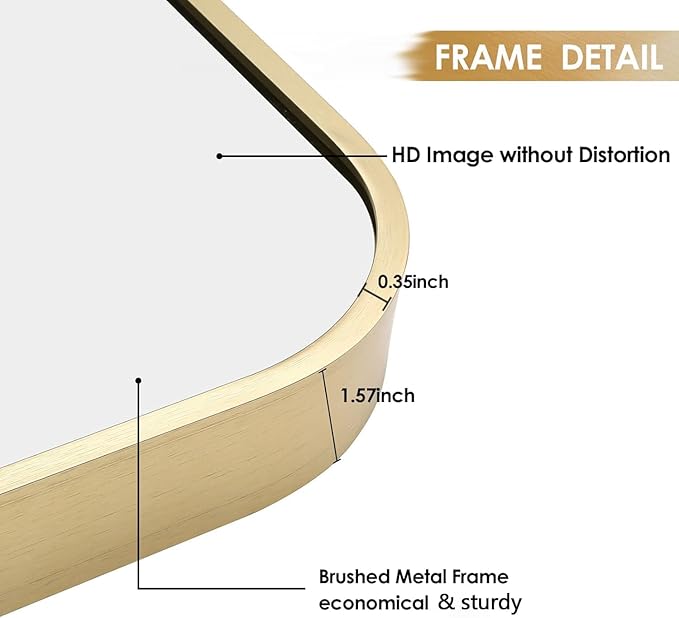 40x30 Inch Gold Bathroom Mirror, Brushed Gold Metal Framed Rectangular Mirror with Rounded Corner, Bathroom Vanity Mirror for Bedroom or Living Room, Horizontal/Vertical