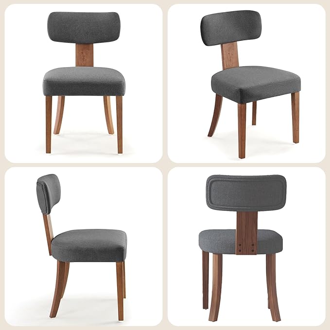 Mid Century Modern Dining Chairs Set of 4, Linen Upholstered Kitchen Chairs with Curved Backrest & Adjustable Legs for Living Room/Lounge, Easy to Install, Grey Linen