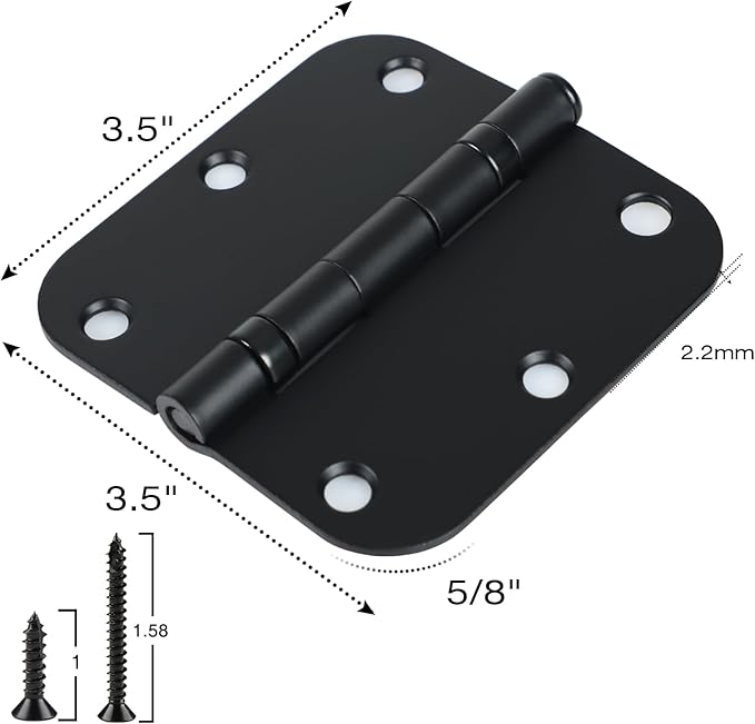 6 Pack No Squeak Matte Black Door Hinges 3.5 Inch 5/8"Radius Round Ball Bearing Interior 3-1/2"Flat Iron Bifold Residential Standard Bedroom Indoor for Doors 3 ½" Hardware House Home Decor Essentials