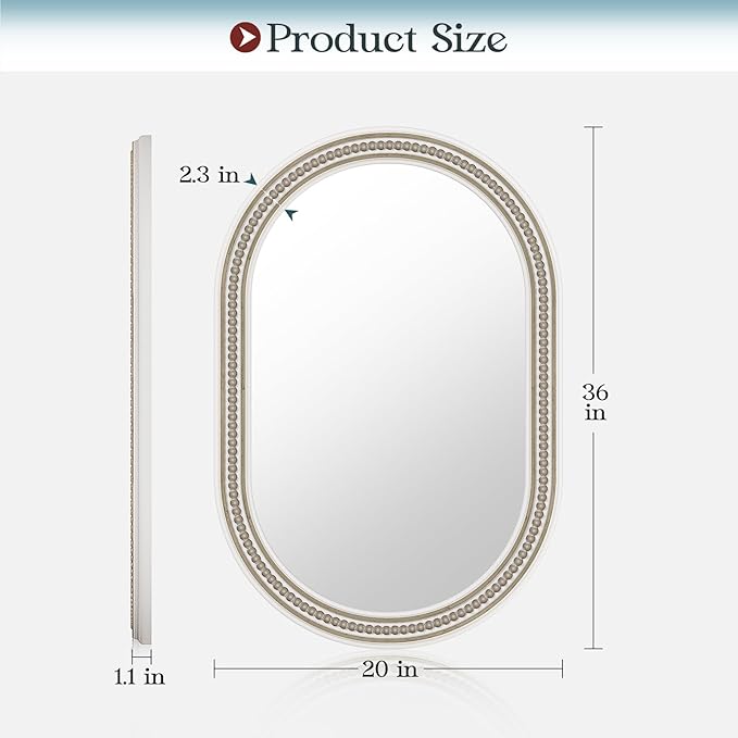 Farmhouse Oval Mirror Boho, 20" x 36" Antique Oval Bathroom Mirrors, Wooden Rustic Decorative Wall Mirror with Beaded for Bedroom, Living Room, Hallway, Vertical or Horizontal Hanging